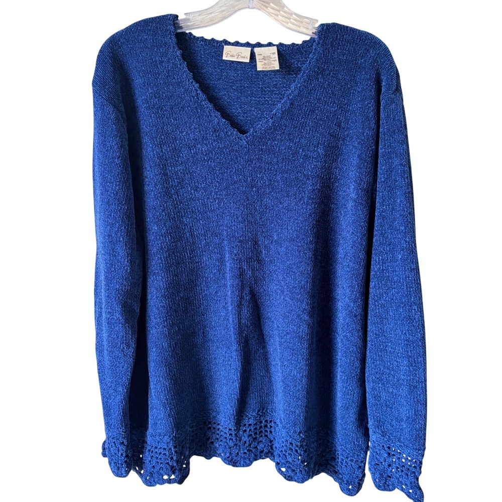 Vintage 90s Bobbie Brooks Royal Blue Chenille V-Neck Crochet Hem Sweater XL